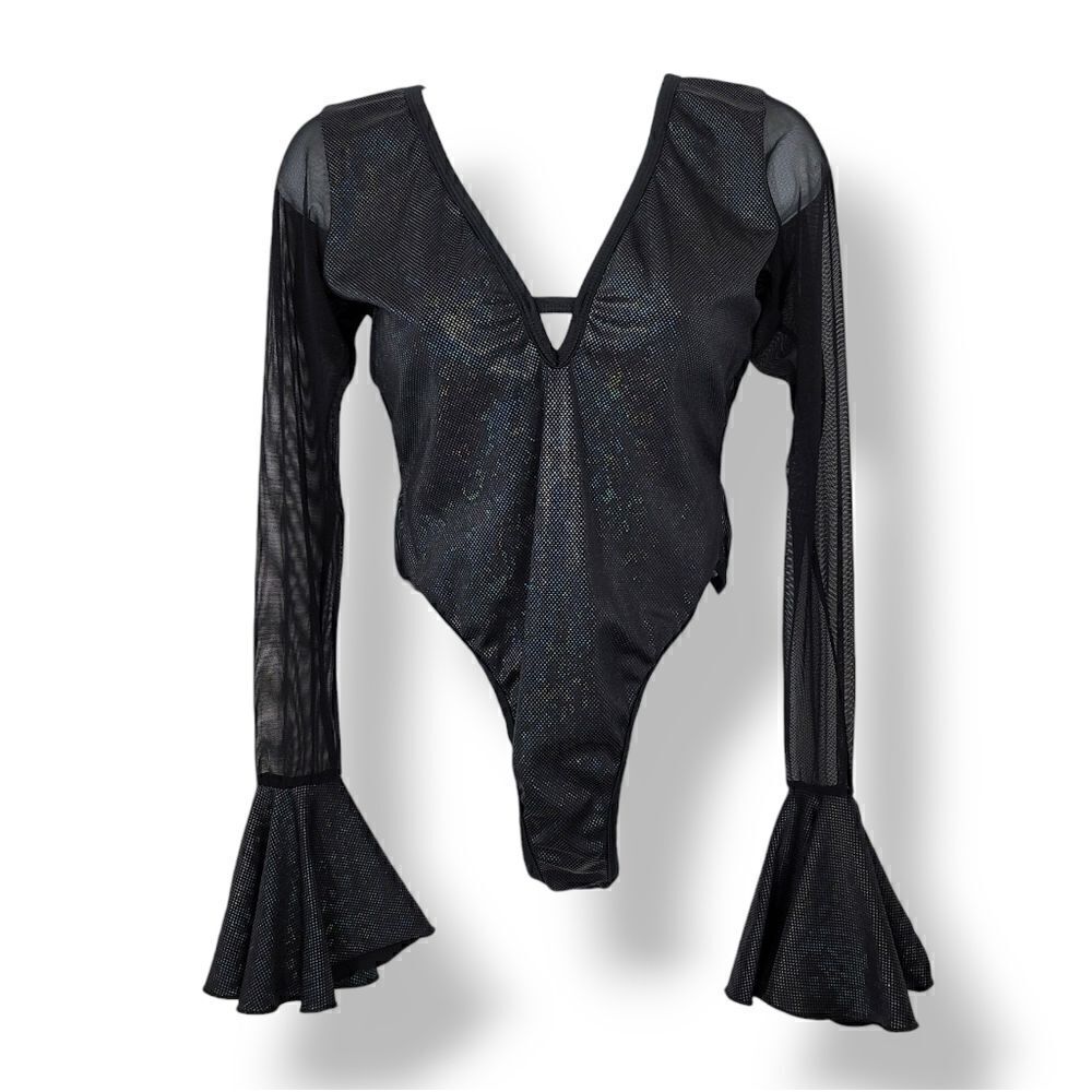 Open Tie Back Silver Foil Dot Sheer Mesh Bell Sleeve Festival Bodysuit Size S
